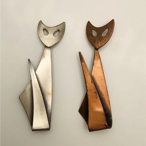 Vintage Mid Century Modern Copper / Silver Cat Figural 60s Brooch